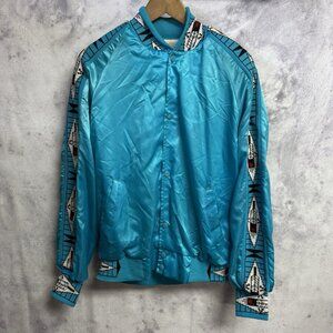 Vintage 80s Aztec Stain Bomber Jacket Adult Large 23.5x25.5 Teal Western